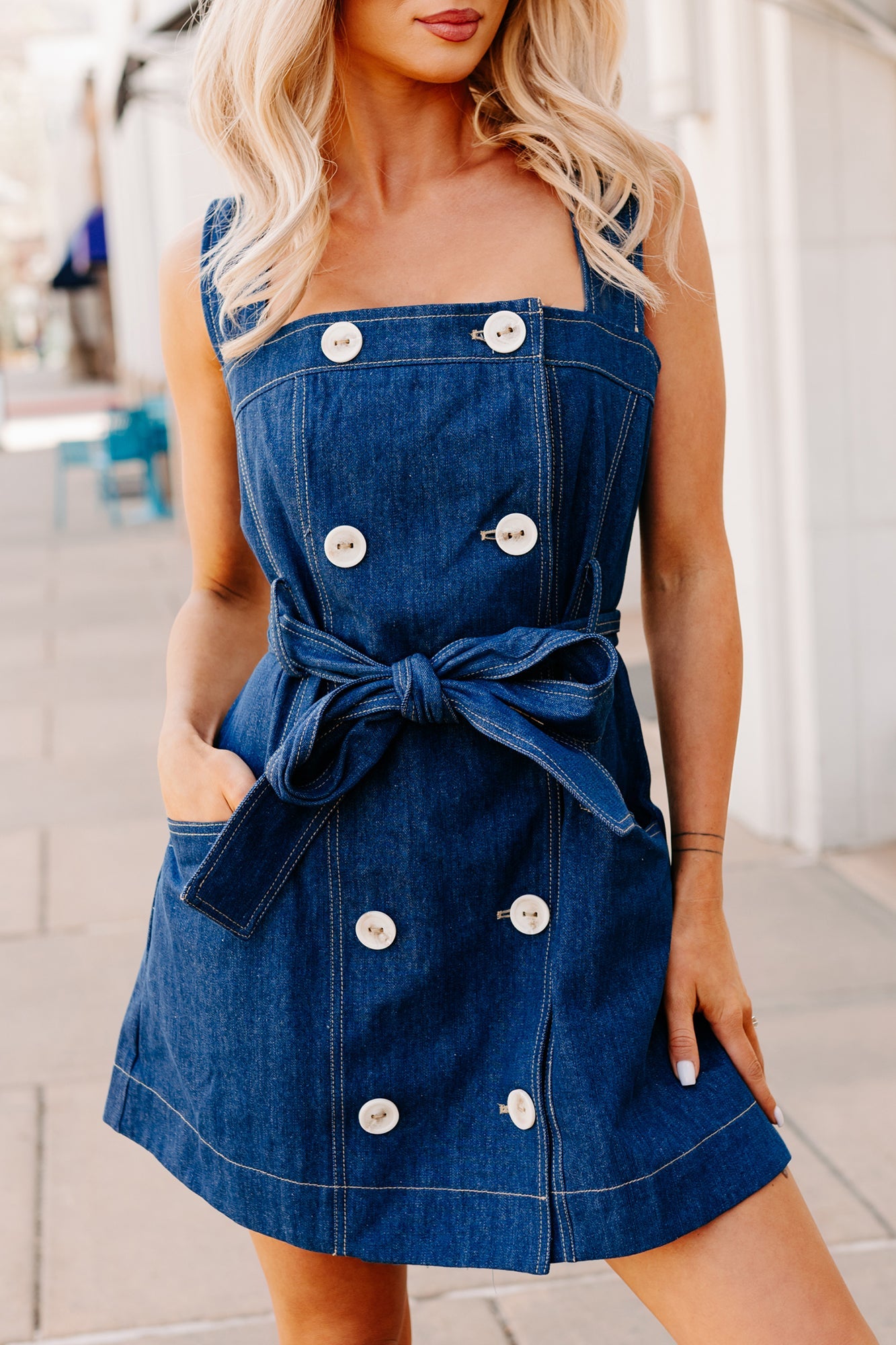 Living Large Double Button Denim Mini Dress (Medium Wash)