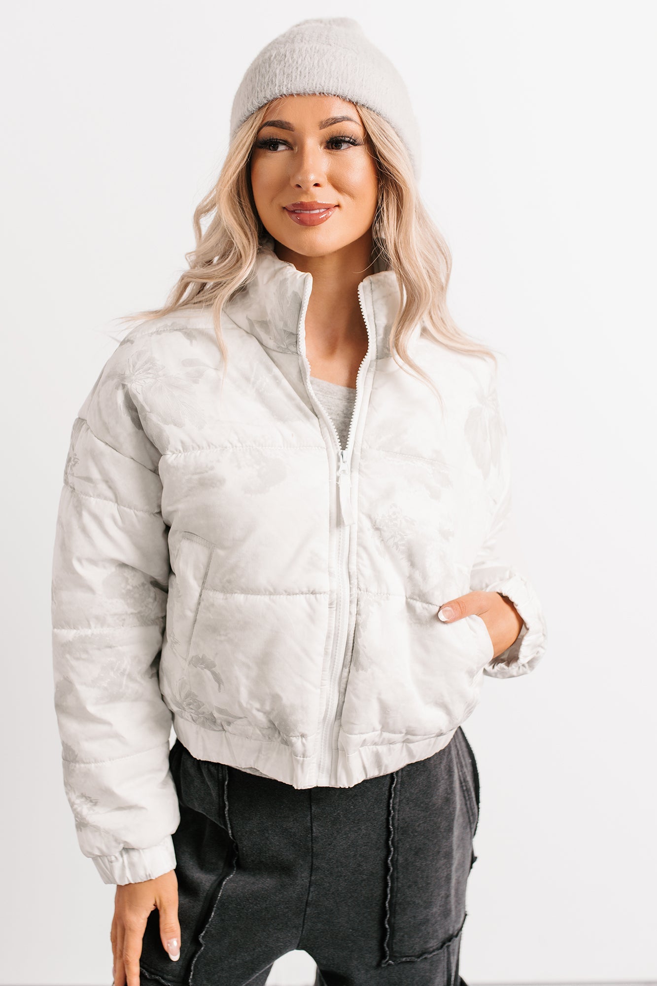 Winter Blooms Floral Puffer Jacket (White/Grey)