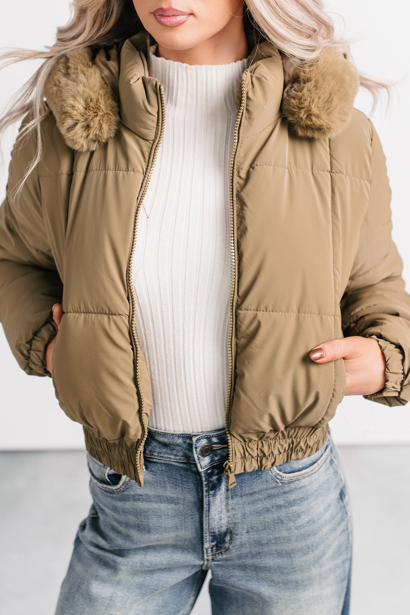 Snowflake Sweetie Faux Fur Hooded Puffer Jacket (Olive)