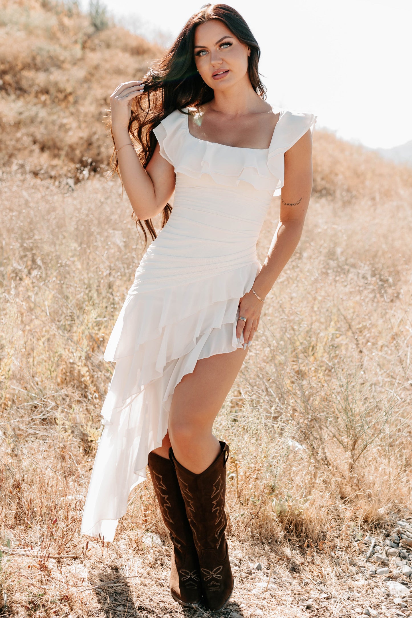 Perfectly Peachy Off The Shoulder Mini Dress (Ivory)