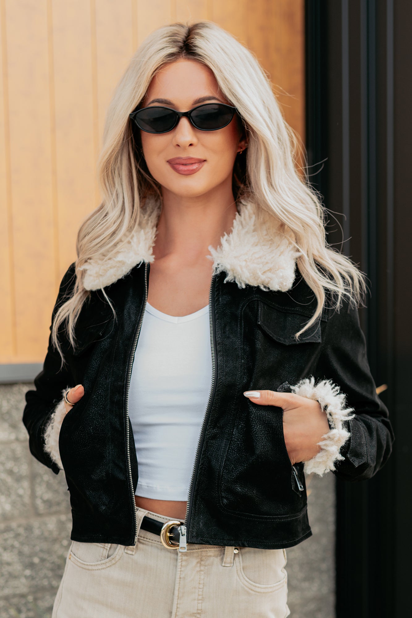 Soulful Strolls Shearling Aviator Jacket (Black/Cream)