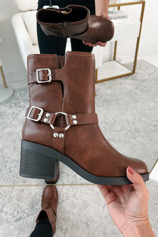 Tough As Nails Buckle Strap Chunky Biker Booties (Brown)