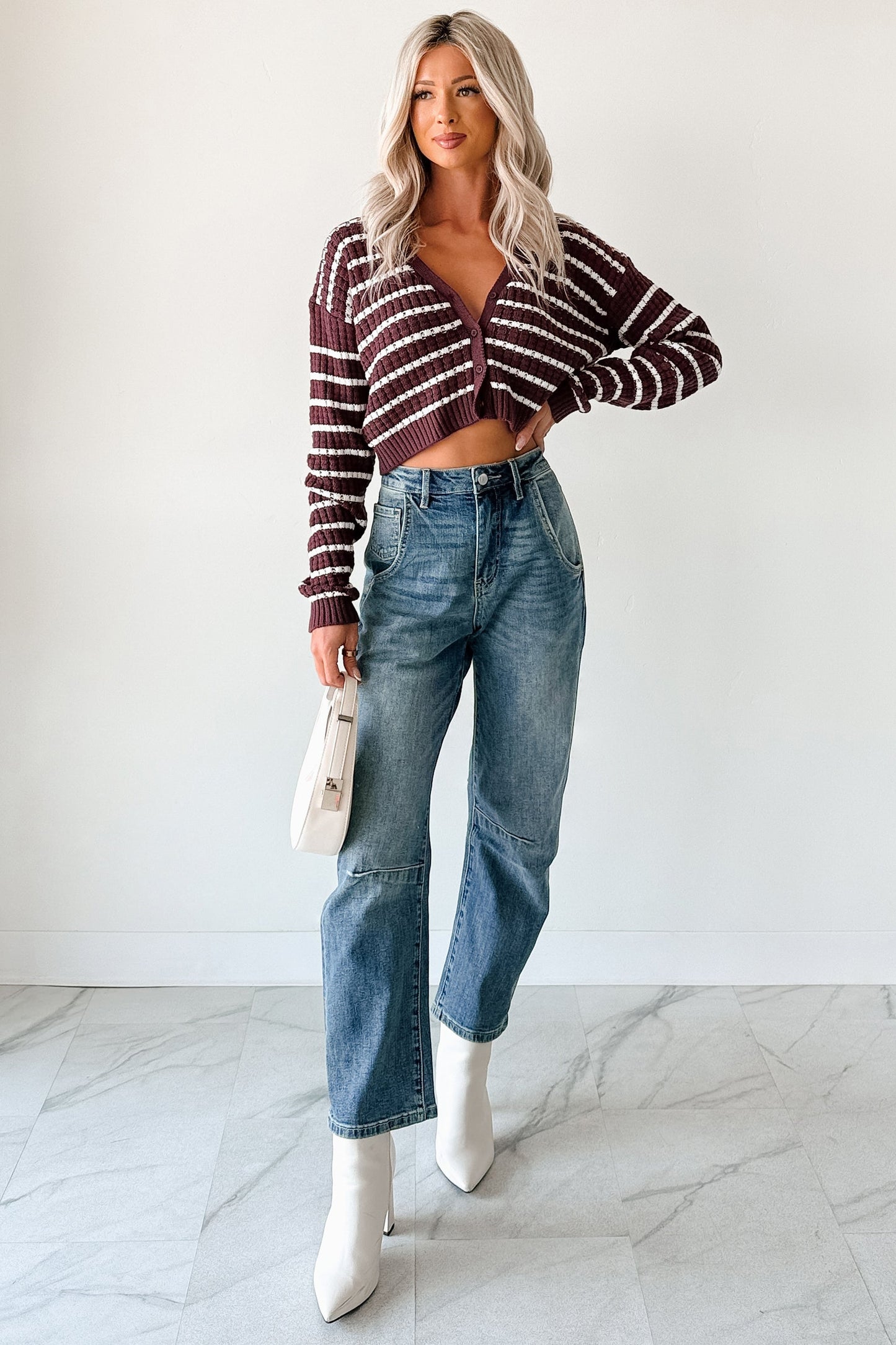 Relax & Flow Striped V Neck Cardigan Top (Dark Cherry/White)