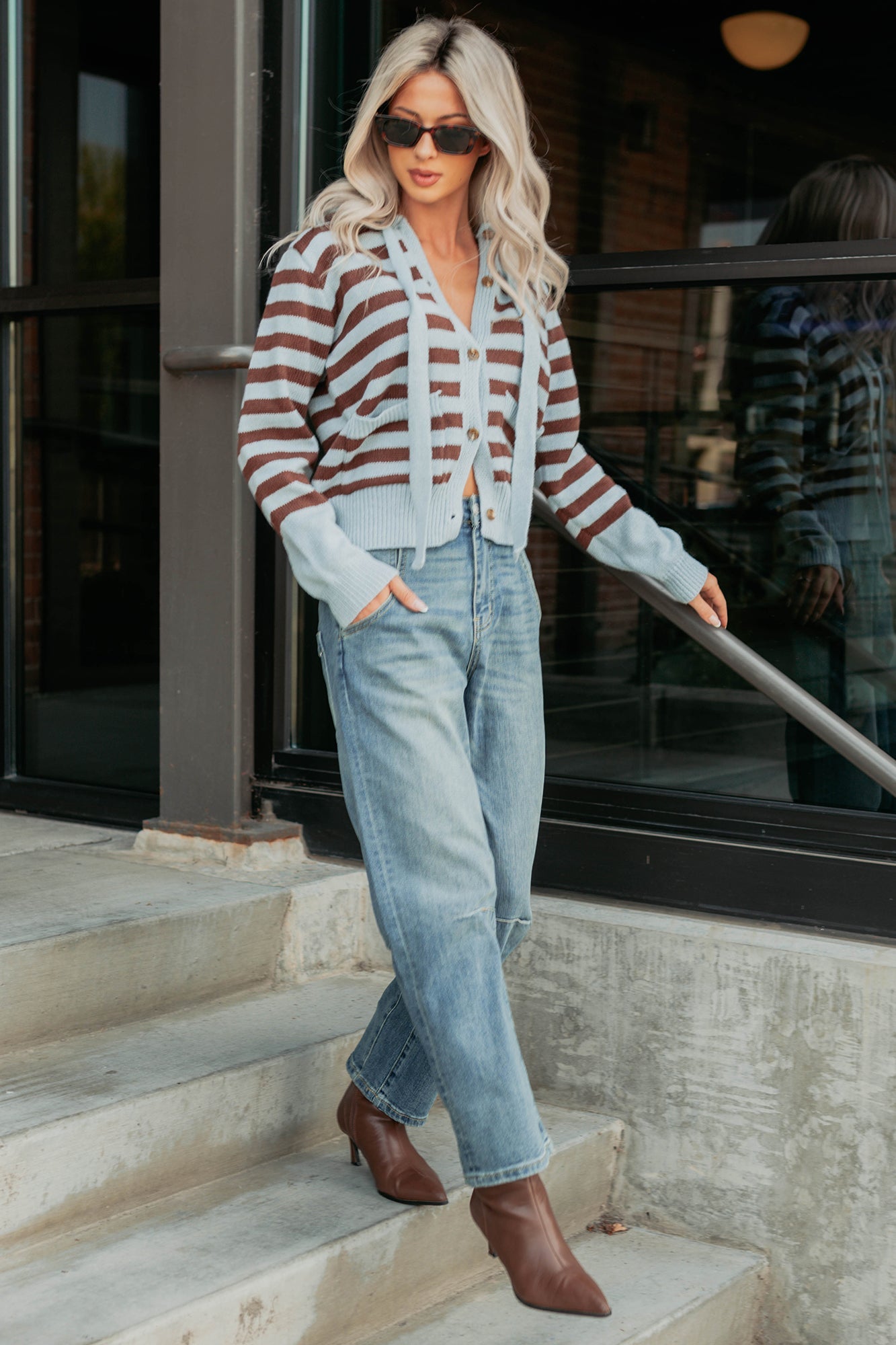 Sinking In Striped Knit Hooded Cardigan (Light Blue)