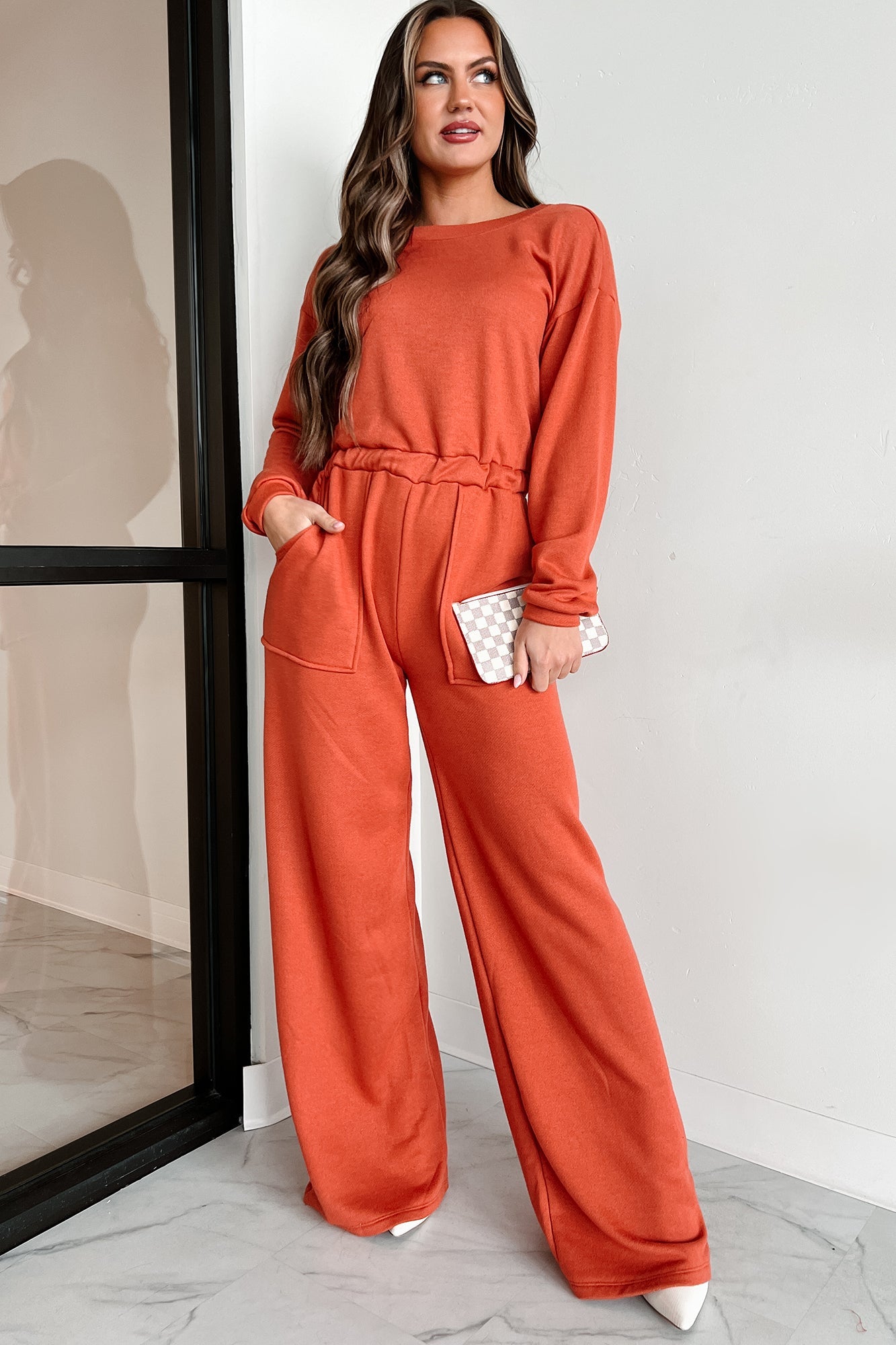 Plausible Deniability Long Sleeve Wide Leg Jumpsuit (Rust)