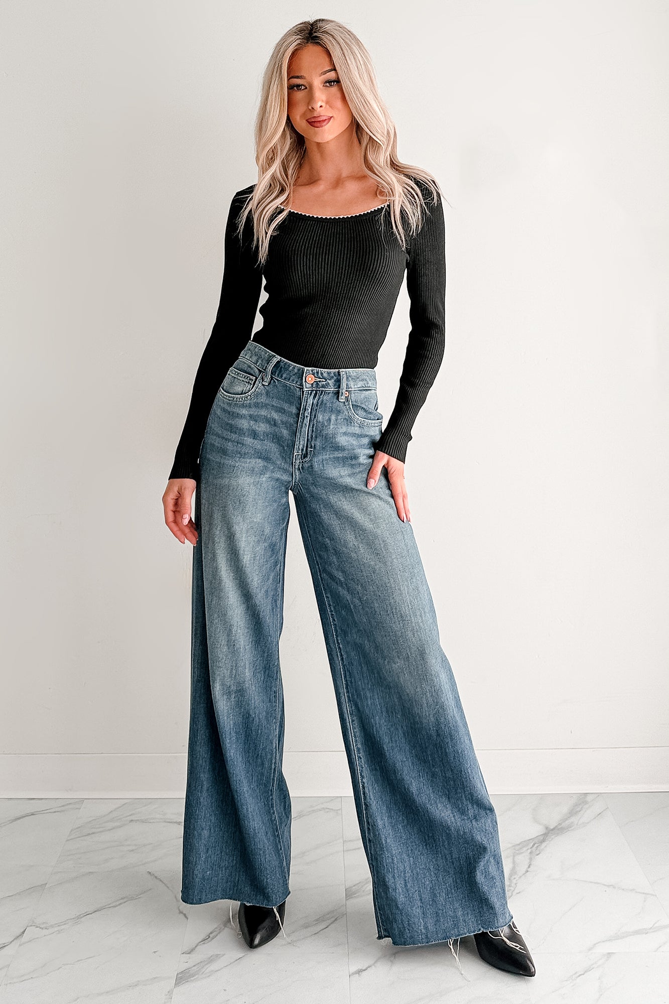Piece Of Me Rib Knit Contrast Stitch Fitted Long Sleeve Top (Black)