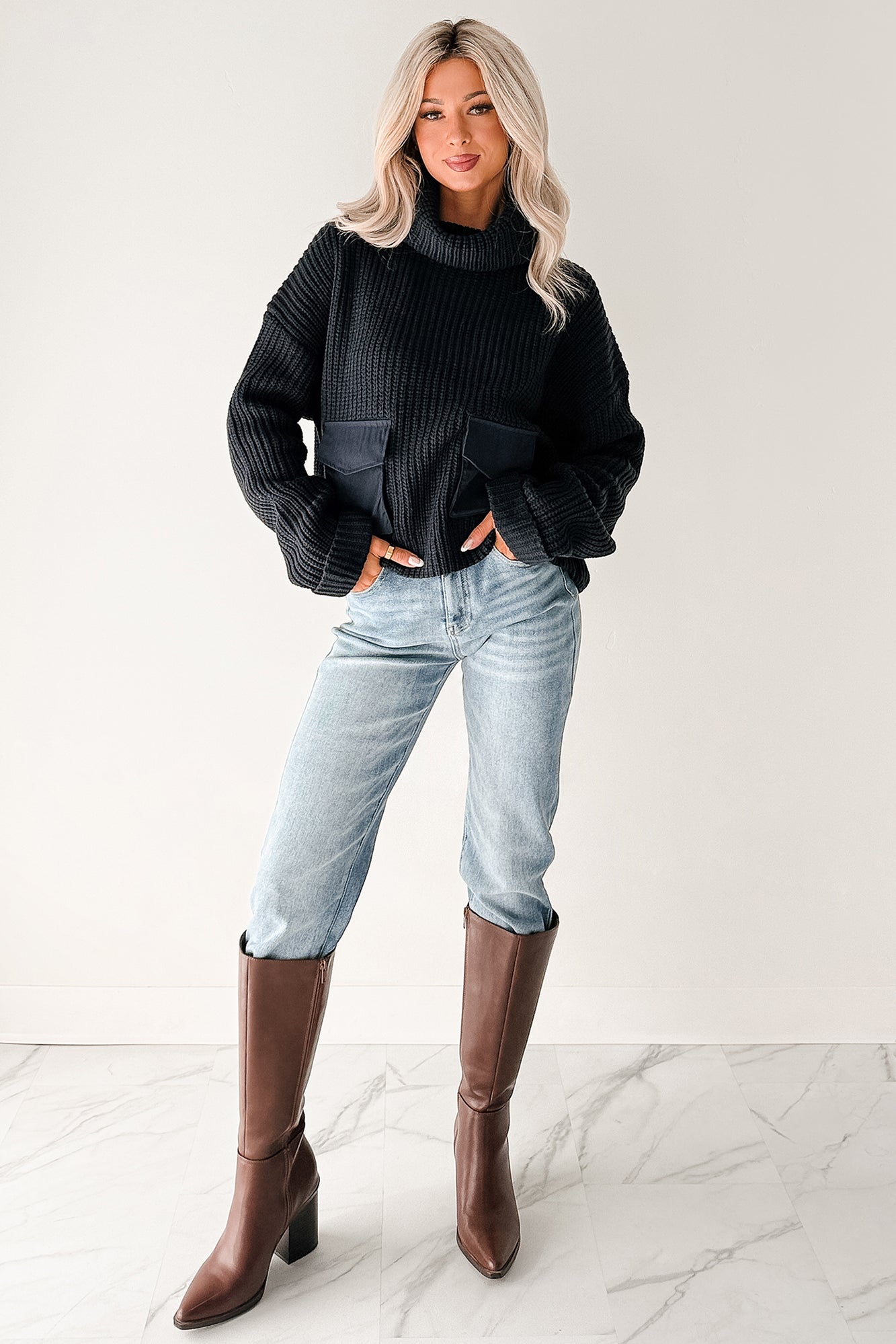 Tell Me Everything Cowl Neck Cargo Sweater (Dark Navy)