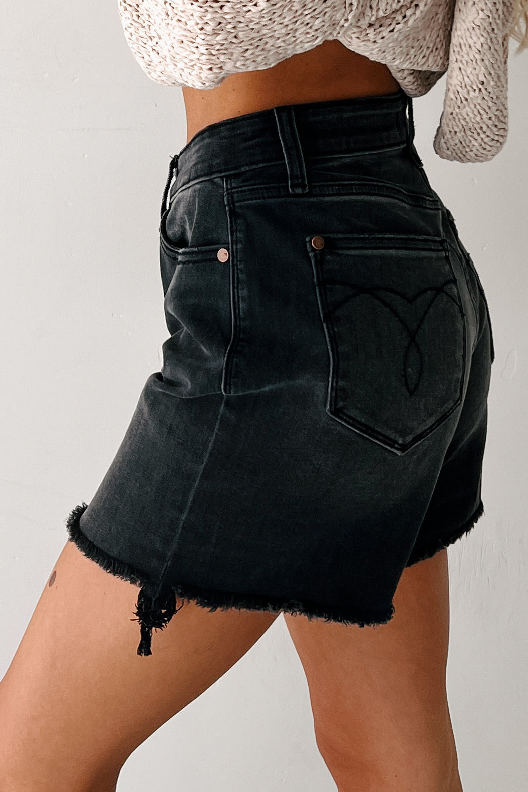 Rhysand Mid Rise Judy Blue Cut Off Dad Shorts (Black)