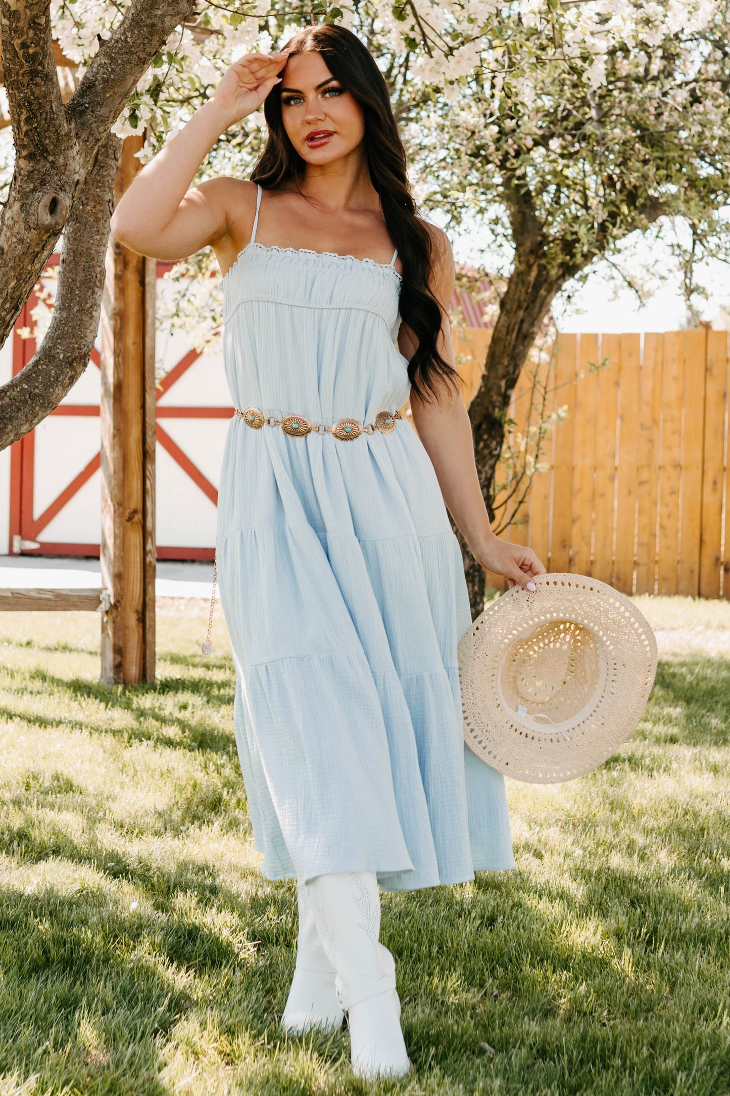 Twilight Glow Sleeveless Tiered Maxi Dress (Light Blue)
